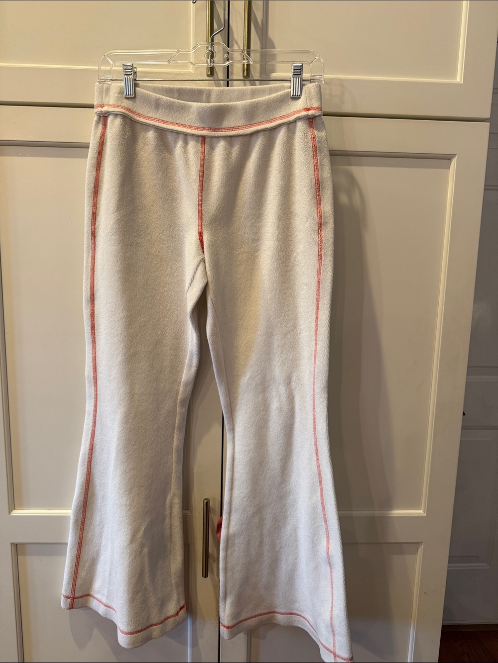 Women White Knit Flare Lounge  Pants with Coral Stitching medium
